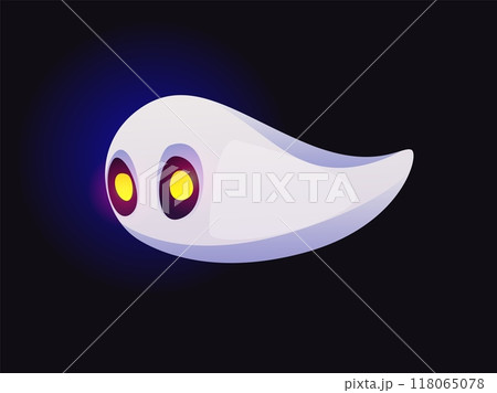 Halloween ghost font, dash punctuation sign. Cartoon evil type, funny scary typeface, spooky monster alphabet symbol. Isolated vector spook glyph character with glowing yellow eyes, floats in darkness 118065078