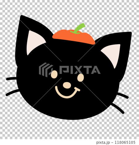 Illustration of black cat wearing pumpkin hat for Halloween decoration, animal, pet shop, vet, card print, cartoon character, cute patches, shirt print, plush toy, kid doll, October element, sticker 118065105