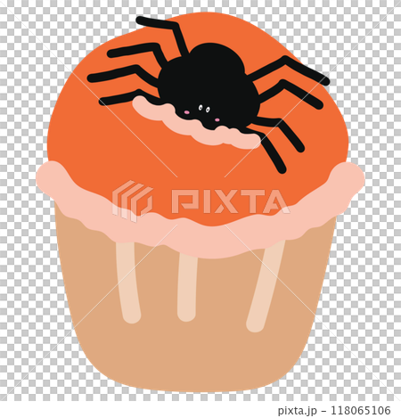 Illustration of cupcake with black spider for Halloween menu, sweet dessert, cafe, restaurant, recipe, baking book, patch, shirt print, October element, snack, card print, sticker, spooky decoration 118065106