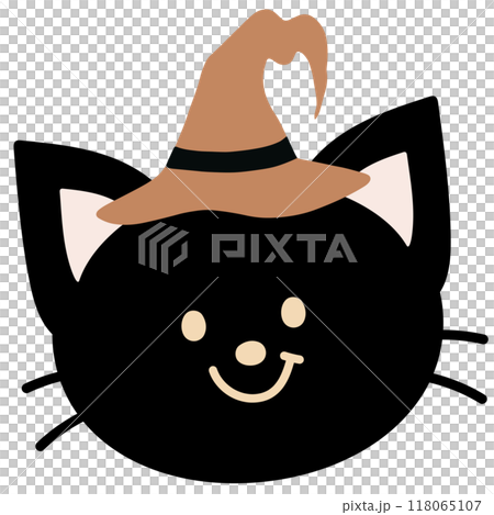 Illustration of black cat wearing witch hat for Halloween decoration, animal, pet shop, vet, card print, cartoon character, cute patches, shirt print, plush toy, kid doll, October element, sticker 118065107