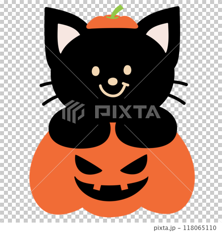 Illustration of black cat, pumpkin, pumpkin hat for Halloween decoration, animal, pet costume, vet, card, cartoon character, cute patches, shirt print, plush toy, kid doll, October element, sticker 118065110