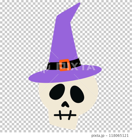 Illustration of head skull wearing witch hat for Halloween, spooky decoration, monster, card print, cartoon character, patches, print, plush toy, kid doll, October element, sticker, campaign badge Illustration of head skull wearing witch hat for Halloween, spooky decoration, monster, card print, cartoon character, patches, print, plush toy, kid doll, October element, sticker, campaign badge 118065121