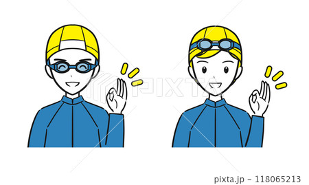 水泳の授業・習い事　水着を着てOKサインをする男子女子セット（シンプル） 118065213