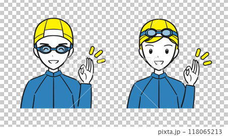 游泳課/課程：男孩女孩穿泳衣並簽OK手勢（簡單） 118065213