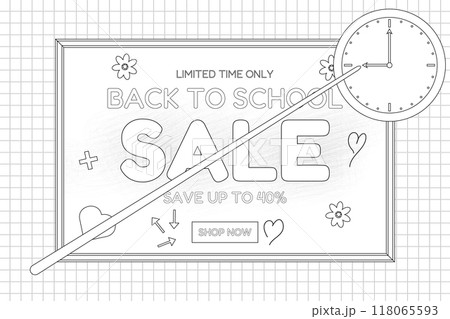 Back to School Sale Coloring Page with Clock and Pointer Back to School Sale Coloring Page with Clock and Pointer 118065593