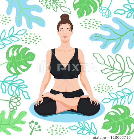 Yoga, girl in lotus position, tropical plants, white background. Isolated character-13, vector. Yoga, girl in lotus position, tropical plants, white background. Isolated character-13, vector. 118065710