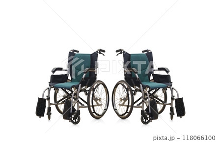 two black and green wheel chairs on white background, object, comfortable, travel, technology, seat, hospital, new, copy space 118066100