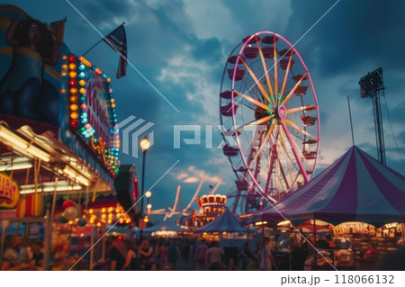 Lunapark with carousel. Fair carnival and attraction. Funfair recreation. Abstract neon fairground. Evening night park festival 118066132