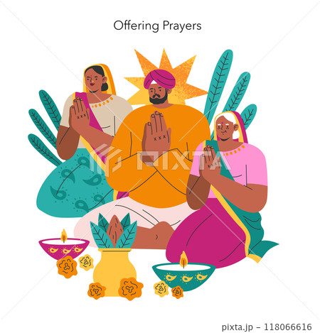 Navaratri celebration concept. Devotees offering prayers during the Hindu festival with traditional attire and diyas. Cultural reverence in a spiritual setting. Vector illustration. 118066616