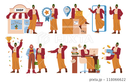 Businesswoman set. Diverse office activities and achievements highlighted. Entrepreneur at work, shopping, winning, and using technology. Vector illustration. 118066622