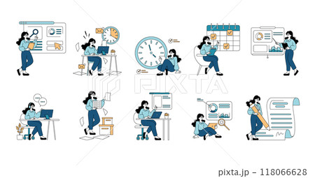 Business People set. Professional woman engaging in various work activities, time management and analytics review. Vector illustration. Business People set. Professional woman engaging in various work activities, time management and analytics review. Vector illustration. 118066628