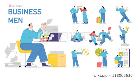 Businessmen set. Corporate lifestyle and workplace activities of men in suits. Office work, traveling, relaxation, success celebration. Vector illustration. 118066630
