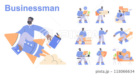 Businessman set. Modern professional in various work situations. Office tasks, successful startup launch, reading, and strategizing. Vector illustration. 118066634