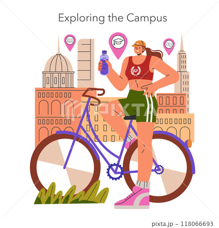 Freshman Year concept. A new student explores the diverse university campus on a bike, ready to embrace college life. Orientation day adventures. Vector illustration. Freshman Year concept. A new student explores the diverse university campus on a bike, ready to embrace college life. Orientation day adventures. Vector illustration. 118066693