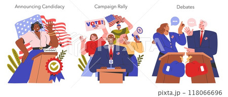 Election Race set. Political process stages from announcing candidacy to debates. Public speaker, voter engagement, and candidates' confrontation. Vector illustration. 118066696