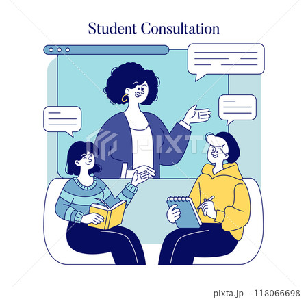 Teacher providing guidance during a student consultation session. Engaged learning through educator support. Vector illustration. Teacher providing guidance during a student consultation session. Engaged learning through educator support. Vector illustration. 118066698