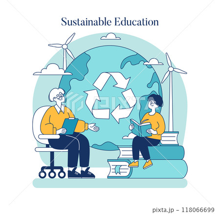 Sustainable Education concept. Two individuals engaging in eco-friendly learning with wind turbines and recycling symbol backdrop. Illustrates green teaching methods. Vector illustration. 118066699