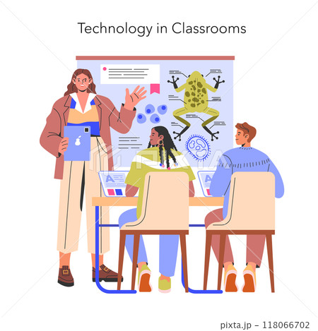Technology in Classrooms concept. A teacher using digital tools to enhance learning for attentive students. Interactive education with modern tech. Vector illustration. 118066702
