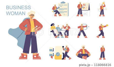 Businesswoman set. Professional female leader in various activities, from presentations to team meetings. Confident character in workplace scenarios. Vector illustration. Businesswoman set. Professional female leader in various activities, from presentations to team meetings. Confident character in workplace scenarios. Vector illustration. 118066816