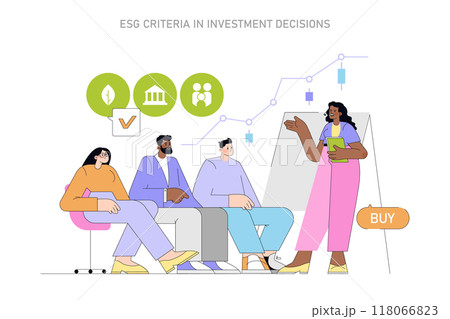Sustainability concept. Investors considering ESG factors in strategy meetings, integrating eco-conscious decisions. Team collaboration. Vector illustration. Sustainability concept. Investors considering ESG factors in strategy meetings, integrating eco-conscious decisions. Team collaboration. Vector illustration. 118066823