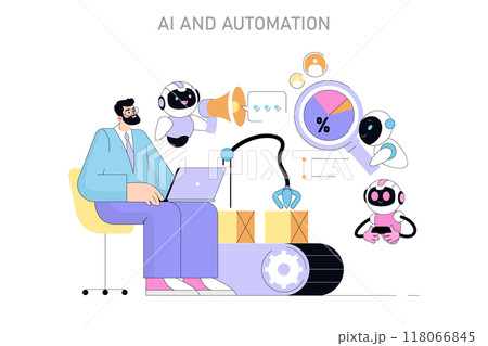 AI and Automation concept. Man at computer with assistant robots highlighting technological progress in automation. Vector illustration. 118066845