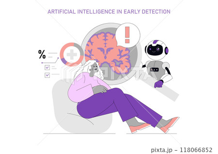 Artificial Intelligence in Early Alzheimer's Detection. An elderly woman undergoing AI-assisted brain health analysis with a robotic doctor. Healthcare innovation theme. Vector illustration. 118066852