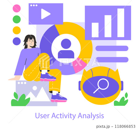 Mobile AI concept. User activity analysis with a relaxed person amidst colorful analysis graphics. User interaction, data trends, and behavior insights. Vector illustration. 118066853