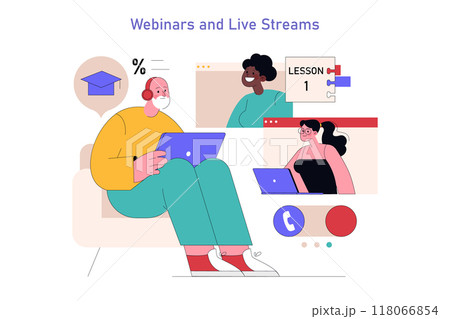 Adult Education concept. Diverse people engaging in online learning through webinars and live streams. Digital classroom and remote education. Vector illustration. 118066854