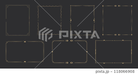 Collection Gold celestial minimal esoteric frame, thin line golden border, moon, stars corners. Set Geometric shape, tarrot isolated on dark background. Set Geometric shape, tarrot  118066908