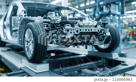 Modern workspace with precise electric vehicle interior assembly, bright lighting and white background. EV manufacturing 118066963