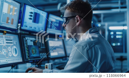 Technician programming robotic systems in bright and clean control room, focus on computer screen and control panel. EV manufacturing Technician programming robotic systems in bright and clean control room, focus on computer screen and control panel. EV manufacturing 118066964