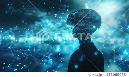 Virtual reality scene with a digital human avatar engaging with AI data visualizations. AI insights 118066988