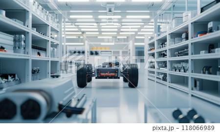 High-detail view of organized electric vehicle parts in bright and clean storage area, modern layout. EV manufacturing 118066989