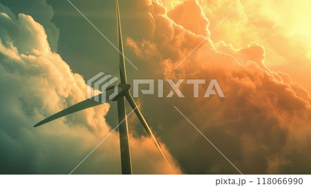 Close-up of single wind turbine in Netherlands against dramatic cloudy skies, blades in motion, highlighting modern engineering and environmental benefits. Windmill park clean energy nehterlands 118066990