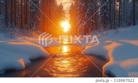 Snowy Forest with Tall Pine Trees at Golden Hour and Warm Sunlight Filtering Through Branches 118067022
