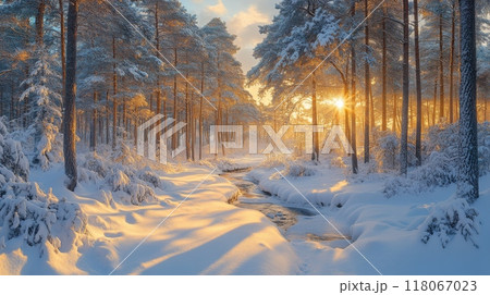 Snowy Forest with Tall Pine Trees at Golden Hour and Warm Sunlight Filtering Through Branches 118067023