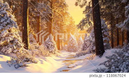 Snowy Forest with Tall Pine Trees at Golden Hour and Warm Sunlight Filtering Through Branches 118067024