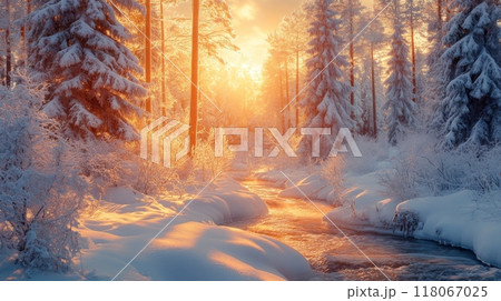 Snowy Forest with Tall Pine Trees at Golden Hour and Warm Sunlight Filtering Through Branches 118067025