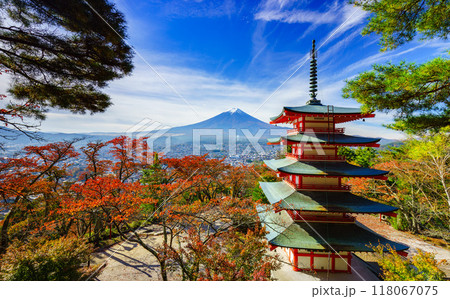 Mt. Fuji with Chureito Pagoda, Fujiyoshida, Japan 118067075