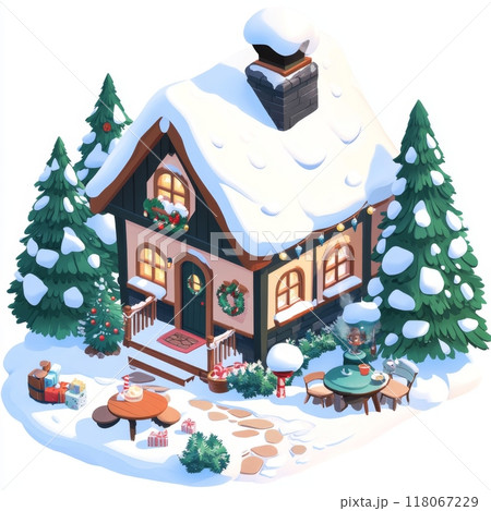 Isometric Christmas Cartoon House in different colors with Snow-Covered Trees and Blue Decorations 118067229
