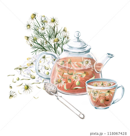 Composition of transparent teapot and cup with chamomile tea, spoon for brewing and bouquet . Isolated watercolor illustration for decoration of tea ceremonies, cafes, tea shops, tea collections 118067428
