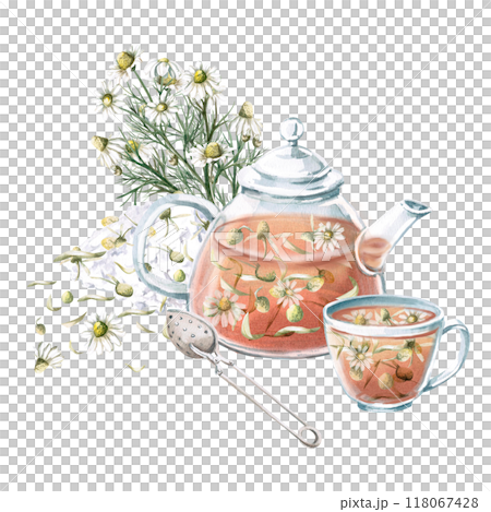 Composition of transparent teapot and cup with chamomile tea, spoon for brewing and bouquet . Isolated watercolor illustration for decoration of tea ceremonies, cafes, tea shops, tea collections 118067428