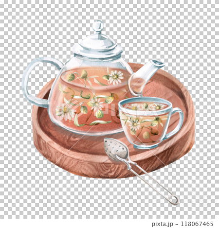 Composition of teapot and cup with chamomile tea on wooden tray and spoon for brewing. Isolated watercolor illustration for design of tea ceremonies, cafes, tea shops, tonic tea collections 118067465