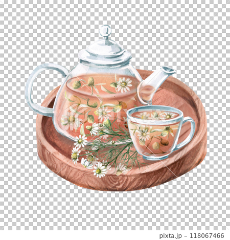 Composition of transparent teapot and cup with chamomile tea and bouquet on wooden tray. Isolated watercolor illustration for design of tea ceremonies, cafes, tea shops, posters, tonic tea collections 118067466