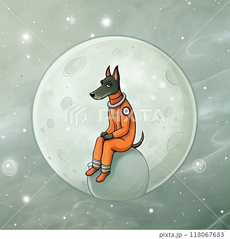 Interstellar Doberman's Solitude: Thoughtful Cartoon Dog in Bright Spacesuit Sits on Tiny Moon Amidst Vast Starry Expanse in Whimsical Illustration. Whimsical Doberman Astronaut on Tiny Moon: Pastel 118067683