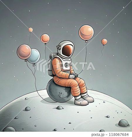 Ethereal Space Odyssey: Thoughtful Cartoon Astronaut Sits Alone with Balloons on Tiny Moon Amidst Starry Vastness. Minimalist Galactic Adventure: Whimsical Digital Art of Lone Astronaut with Balloons Ethereal Space Odyssey: Thoughtful Cartoon Astronaut Sits Alone with Balloons on Tiny Moon Amidst Starry Vastness. Minimalist Galactic Adventure: Whimsical Digital Art of Lone Astronaut with Balloons 118067684