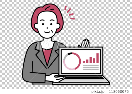 A middle-aged woman in a suit introducing asset management on a computer screen 118068076