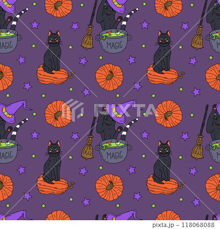 Seamless pattern with cute hand drawn Halloween witchy cats making magic potion in cauldron 118068088