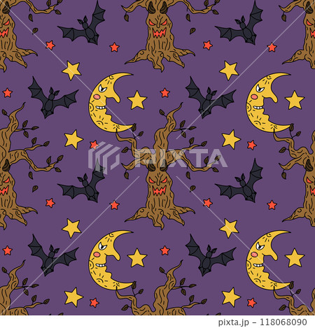 Seamless pattern with cute hand drawn Halloween evil forest trees and half moons with smile Seamless pattern with cute hand drawn Halloween evil forest trees and half moons with smile 118068090
