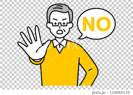 An elderly man holds out his right hand and says NO An elderly man holds out his right hand and says NO 118068110